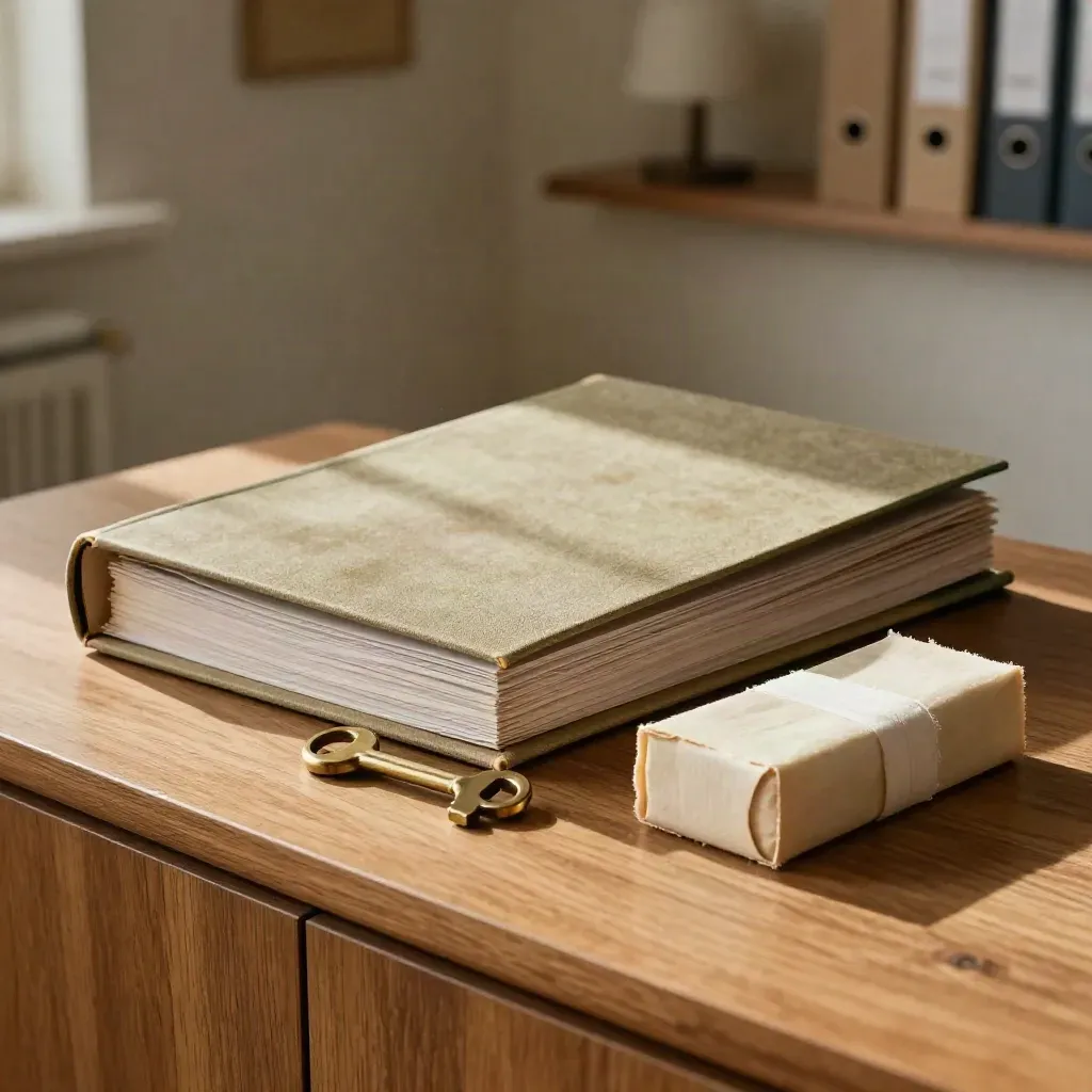 Carpetas apiladas, llave nueva y archivo reducido en una mesa cálida con luz de tarde.