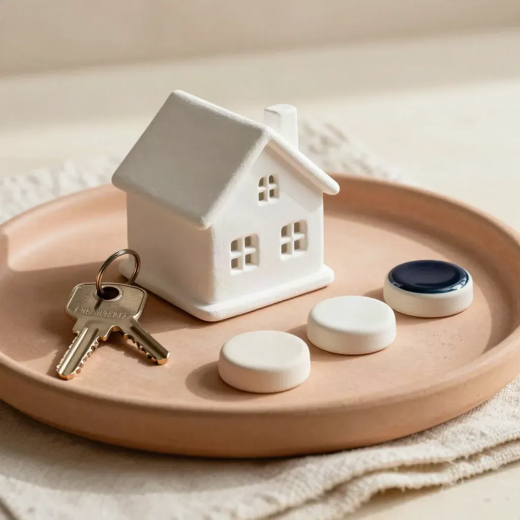 Maqueta de primera vivienda, llave y tres fichas cerámicas en una guía visual cenital.