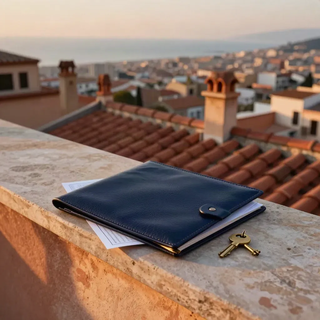 Terraza barcelonesa con carpeta hipotecaria cerrada y una llave, sobre fondo de tejados y bruma.
