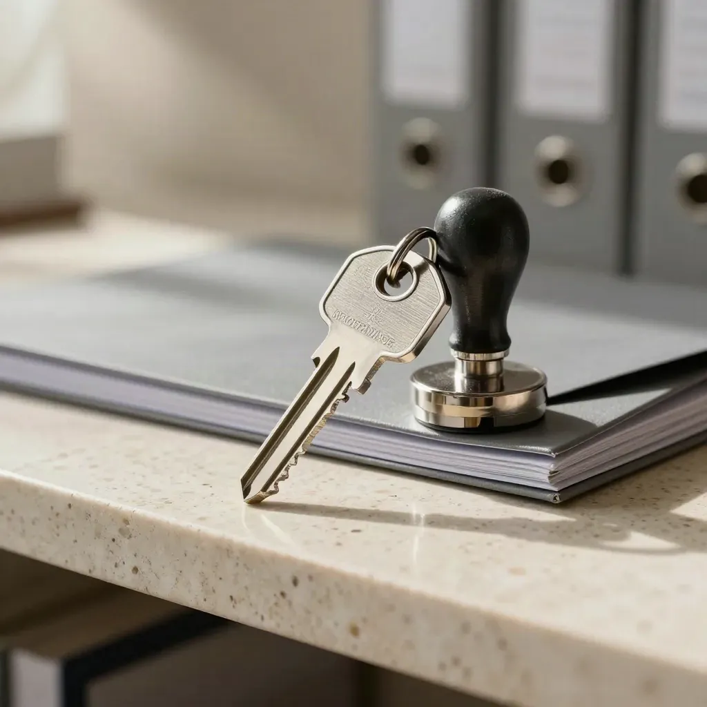 Llave de piso pulida, carpeta gris rígida y sello metálico sobre travertino.