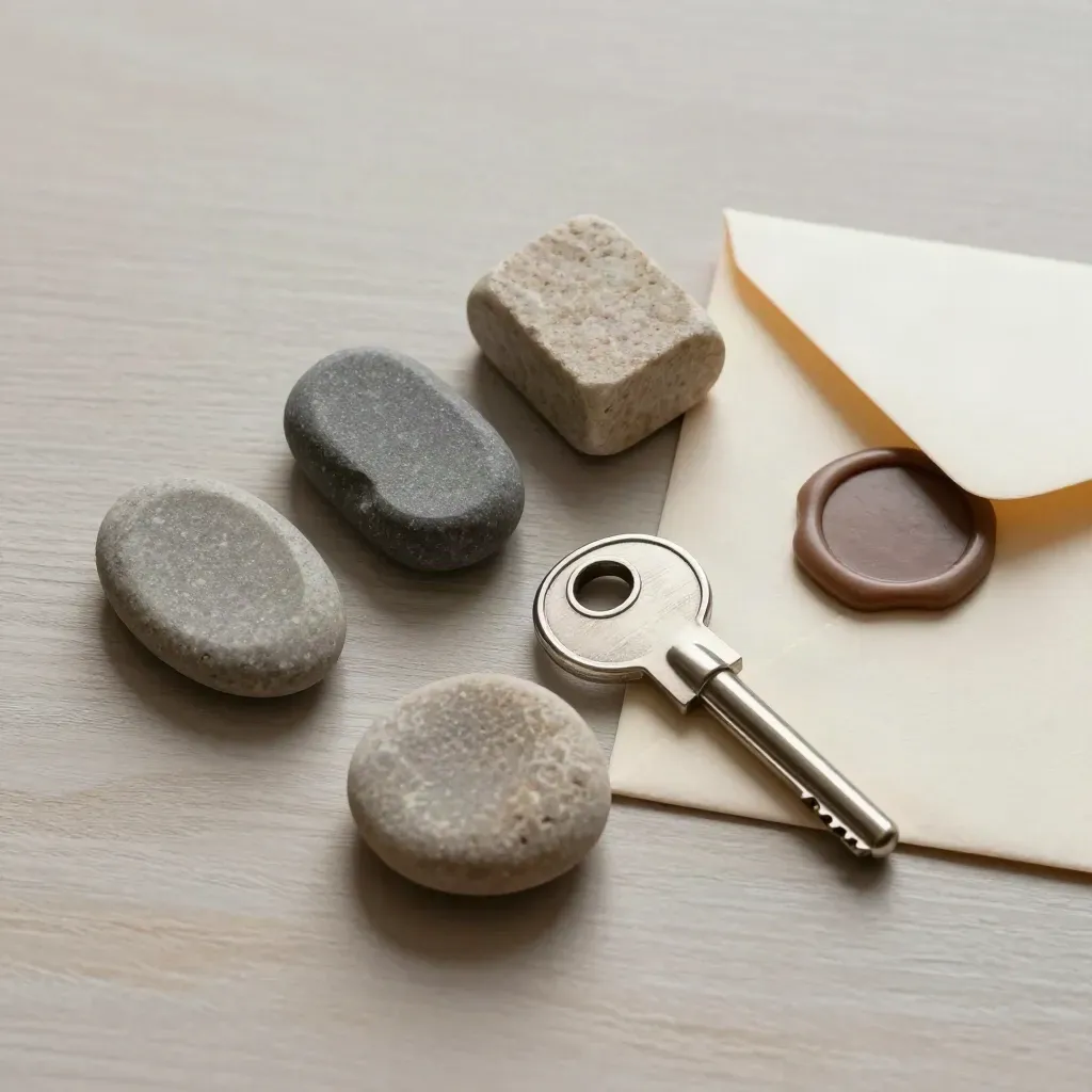 Fichas de piedra, llave y sobre sellado sobre madera clara, vistos desde arriba.